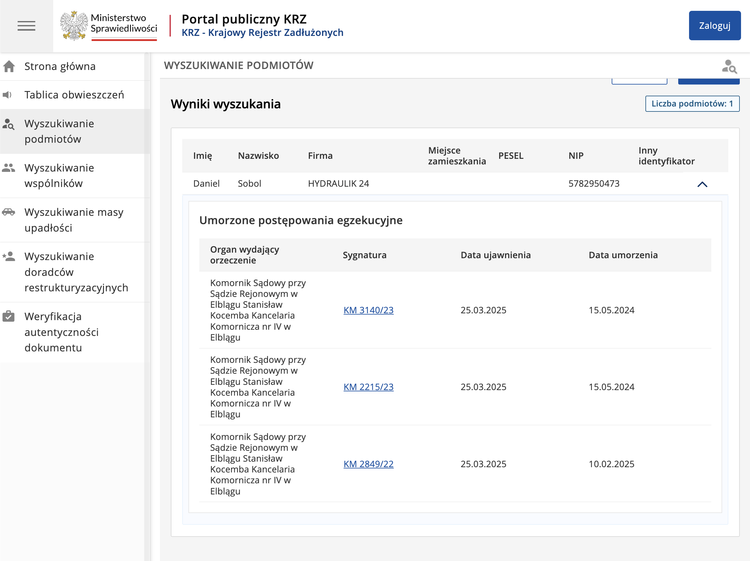 Zrzut ekranu z rejestru KRZ